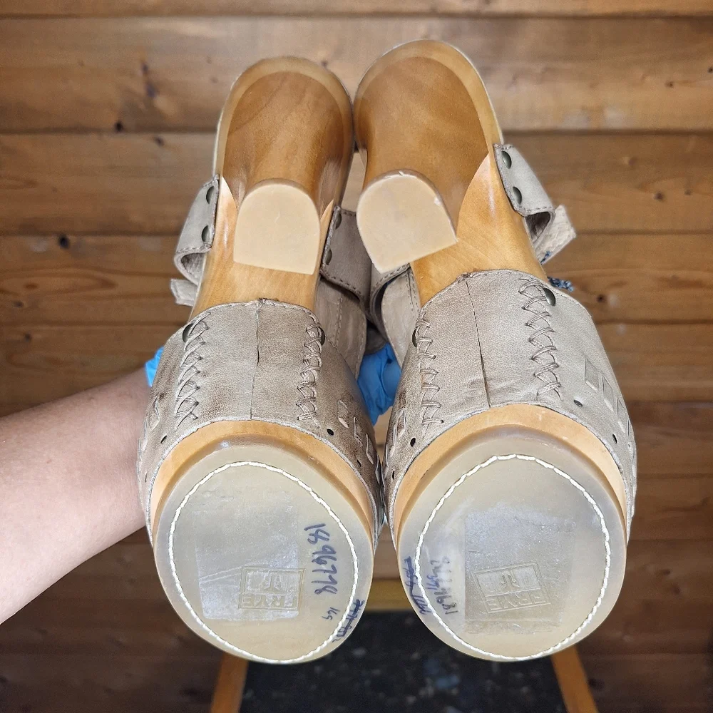 ❤️ FRYE Fran X Stich Platform Heels Brown Leather Wood Sandals Size 6.5 M